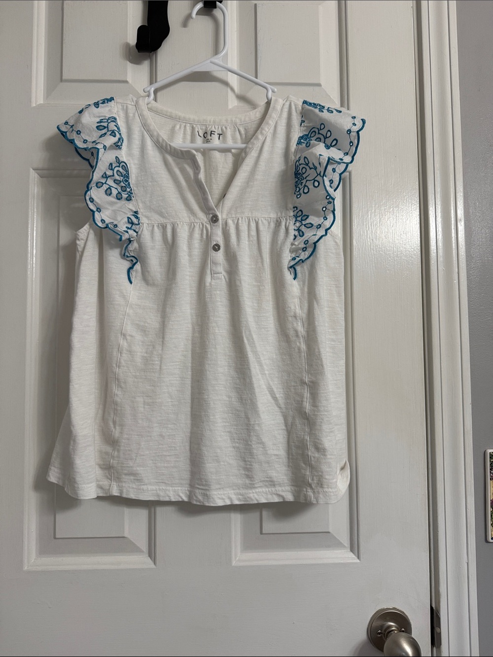 LOFT White Tank with Teal Embroidered Flutter Sleeves